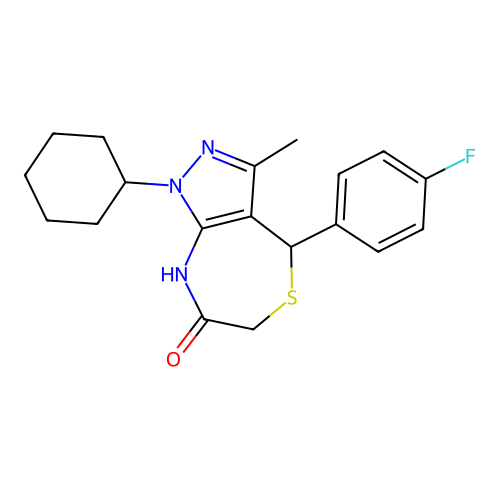 1-cyclohexyl-4-(4-fluorophenyl)-3-methyl-2,4-dihydropyrazolo[3,4-e][1,4]thiazepin-7-one structure