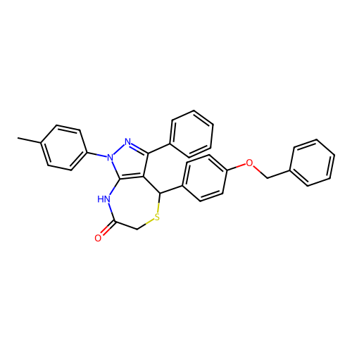 1-(4-methylphenyl)-3-phenyl-4-(4-phenylmethoxyphenyl)-2,4-dihydropyrazolo[3,4-e][1,4]thiazepin-7-one structure
