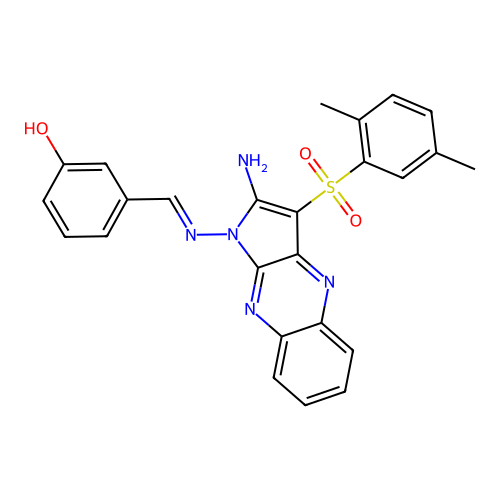 (E)-3-(((2-amino-3-((2,5-dimethylphenyl)sulfonyl)-1H-pyrrolo[2,3-b]quinoxalin-1-yl)imino)methyl)phenol structure