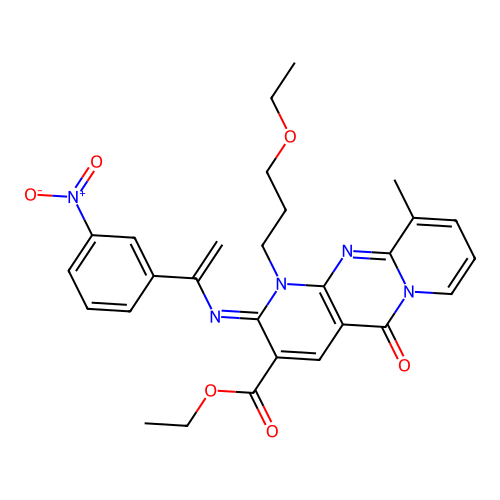 (Z)-ethyl 1-(3-ethoxypropyl)-10-methyl-2-((1-(3-nitrophenyl)vinyl)imino)-5-oxo-2,5-dihydro-1H-dipyrido[1,2-a:2',3'-d]pyrimidine-3-carboxylate structure