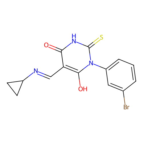 1-(3-bromophenyl)-5-[(cyclopropylamino)methylidene]-2-sulfanylidene-1,3-diazinane-4,6-dione structure