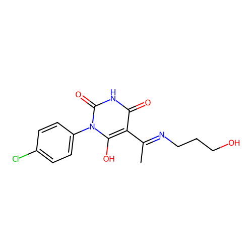 1-(4-chlorophenyl)-5-[1-(3-hydroxypropylamino)ethylidene]-1,3-diazinane-2,4,6-trione structure