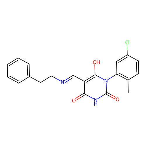 1-(5-chloro-2-methyl-phenyl)-5-[(phenethylamino)methylidene]-1,3-diazinane-2,4,6-trione structure