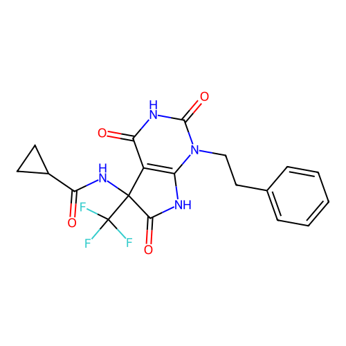 N-(2,4,6-trioxo-1-phenethyl-5-(trifluoromethyl)-2,3,4,5,6,7-hexahydro-1H-pyrrolo[2,3-d]pyrimidin-5-yl)cyclopropanecarboxamide structure
