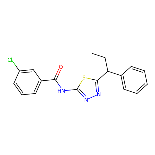 3-chloro-N-(5-(1-phenylpropyl)-1,3,4-thiadiazol-2-yl)benzamide structure