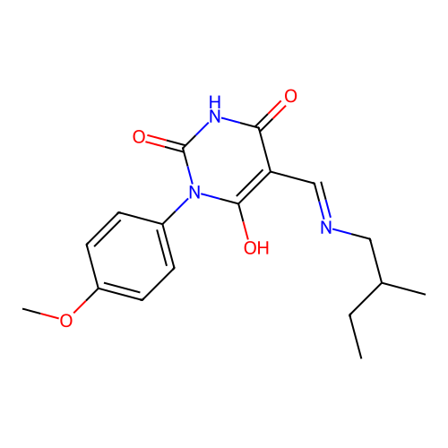 1-(4-methoxyphenyl)-5-[(2-methylbutylamino)methylidene]-1,3-diazinane-2,4,6-trione structure