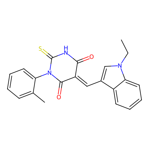 (5E)-5-[(1-ethyl-1H-indol-3-yl)methylidene]-1-(2-methylphenyl)-2-sulfanylpyrimidine-4,6(1H,5H)-dione structure