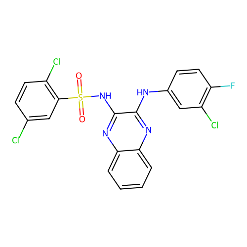 2,5-dichloro-N-(3-((3-chloro-4-fluorophenyl)amino)quinoxalin-2-yl)benzenesulfonamide structure