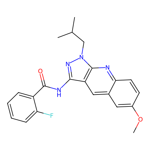 2-fluoro-N-[6-methoxy-1-(2-methylpropyl)pyrazolo[3,4-b]quinolin-3-yl]benzamide structure