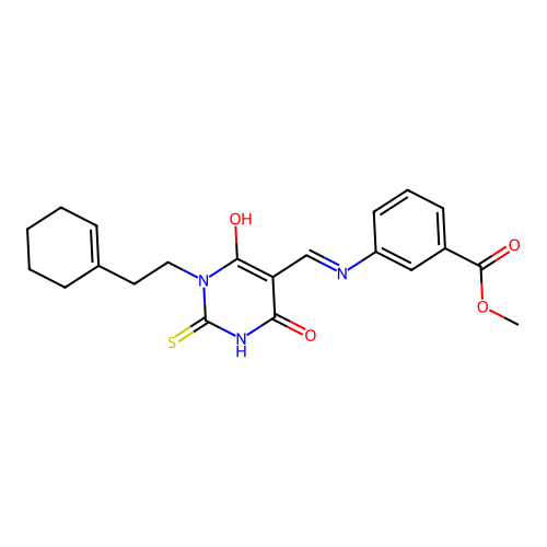 (E)-methyl 3-(((1-(2-(cyclohex-1-en-1-yl)ethyl)-4,6-dioxo-2-thioxotetrahydropyrimidin-5(2H)-ylidene)methyl)amino)benzoate structure