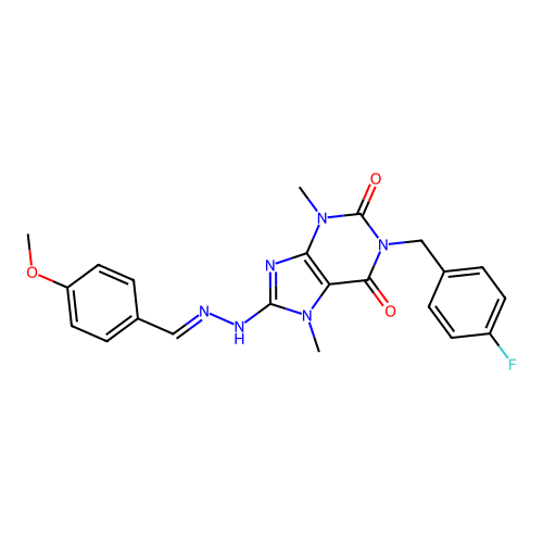 (E)-1-(4-fluorobenzyl)-8-(2-(4-methoxybenzylidene)hydrazinyl)-3,7-dimethyl-1H-purine-2,6(3H,7H)-dione structure