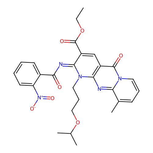 (Z)-ethyl 1-(3-isopropoxypropyl)-10-methyl-2-((2-nitrobenzoyl)imino)-5-oxo-2,5-dihydro-1H-dipyrido[1,2-a:2',3'-d]pyrimidine-3-carboxylate structure