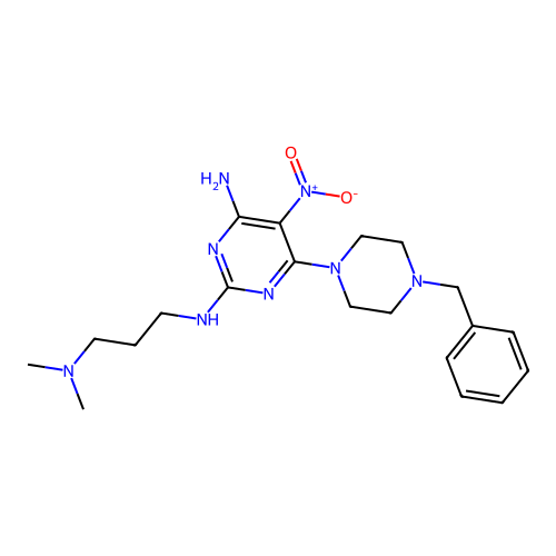 6-(4-benzylpiperazin-1-yl)-2-N-[3-(dimethylamino)propyl]-5-nitropyrimidine-2,4-diamine structure