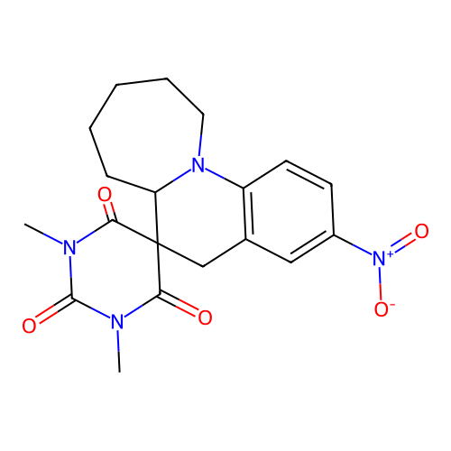 1',3'-dimethyl-3-nitro-6a,7,8,9,10,11-hexahydro-1'H,5H-spiro[azepino[1,2-a]quinoline-6,5'-pyrimidine]-2',4',6'(3'H)-trione structure