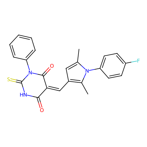 (5Z)-5-[[1-(4-fluorophenyl)-2,5-dimethylpyrrol-3-yl]methylidene]-1-phenyl-2-sulfanylidene-1,3-diazinane-4,6-dione structure