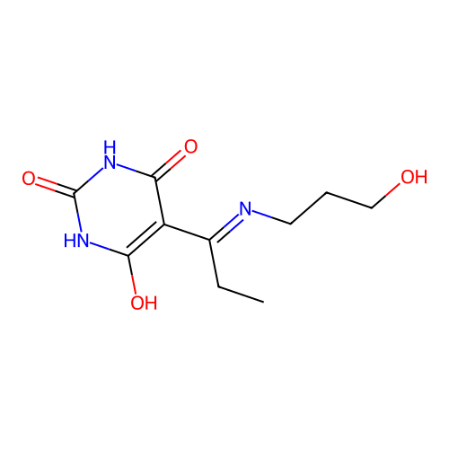 (5E)-2,6-dihydroxy-5-{1-[(3-hydroxypropyl)amino]propylidene}pyrimidin-4(5H)-one structure