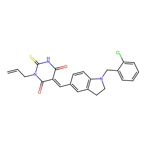 (5E)-5-[[1-[(2-chlorophenyl)methyl]-2,3-dihydroindol-5-yl]methylidene]-1-prop-2-enyl-2-sulfanylidene-1,3-diazinane-4,6-dione structure
