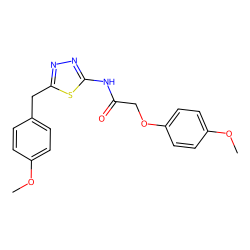 2-(4-methoxyphenoxy)-N-[5-[(4-methoxyphenyl)methyl]-1,3,4-thiadiazol-2-yl]acetamide structure