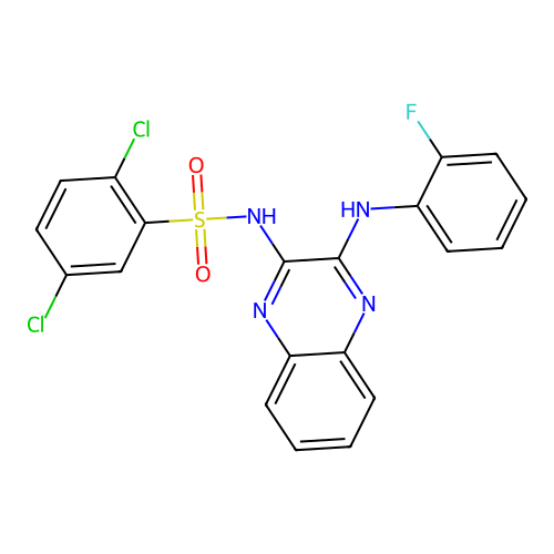 2,5-dichloro-N-(3-((2-fluorophenyl)amino)quinoxalin-2-yl)benzenesulfonamide structure