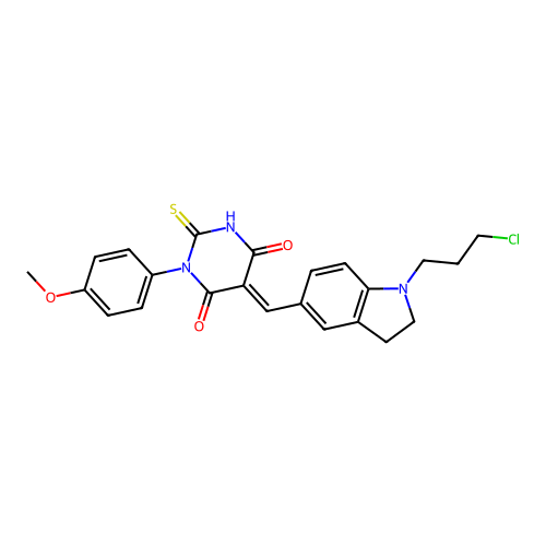 (5E)-5-[[1-(3-chloropropyl)-2,3-dihydroindol-5-yl]methylidene]-1-(4-methoxyphenyl)-2-sulfanylidene-1,3-diazinane-4,6-dione structure