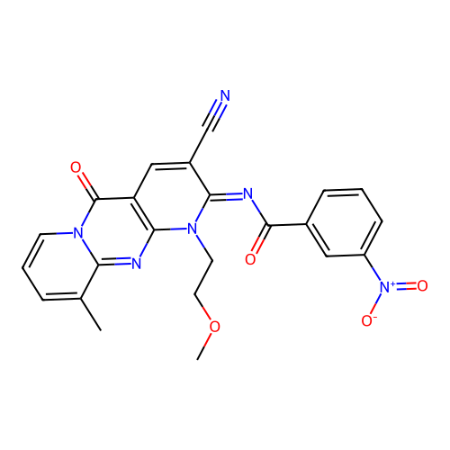 (E)-N-(3-cyano-1-(2-methoxyethyl)-10-methyl-5-oxo-1H-dipyrido[1,2-a:2',3'-d]pyrimidin-2(5H)-ylidene)-3-nitrobenzamide structure
