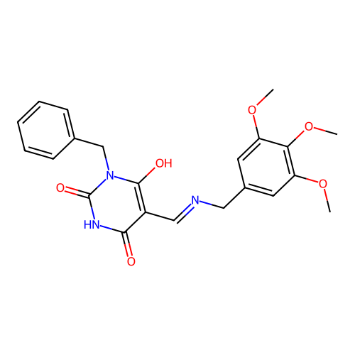 (E)-1-benzyl-5-(((3,4,5-trimethoxybenzyl)amino)methylene)pyrimidine-2,4,6(1H,3H,5H)-trione structure