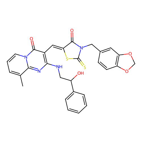 3-{(Z)-[3-(1,3-benzodioxol-5-ylmethyl)-4-oxo-2-thioxo-1,3-thiazolidin-5-ylidene]methyl}-2-[(2-hydroxy-2-phenylethyl)amino]-9-methyl-4H-pyrido[1,2-a]pyrimidin-4-one structure
