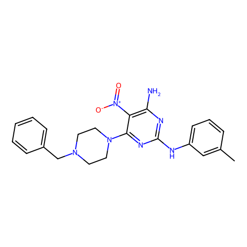 6-(4-benzylpiperazin-1-yl)-5-nitro-N2-(m-tolyl)pyrimidine-2,4-diamine structure