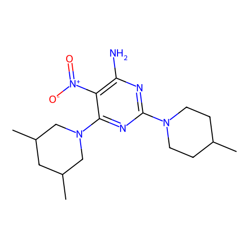 6-(3,5-dimethylpiperidin-1-yl)-2-(4-methylpiperidin-1-yl)-5-nitropyrimidin-4-amine structure