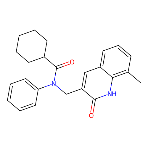N-[(8-methyl-2-oxo-1H-quinolin-3-yl)methyl]-N-phenylcyclohexanecarboxamide structure