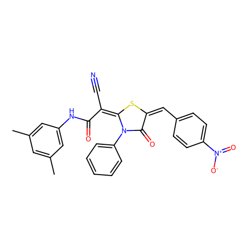 (2E)-2-cyano-N-(3,5-dimethylphenyl)-2-[(5E)-5-[(4-nitrophenyl)methylidene]-4-oxo-3-phenyl-1,3-thiazolidin-2-ylidene]acetamide structure