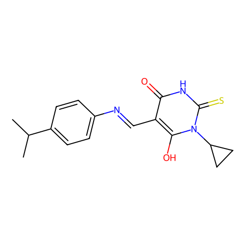 (Z)-1-cyclopropyl-5-(((4-isopropylphenyl)amino)methylene)-2-thioxodihydropyrimidine-4,6(1H,5H)-dione structure