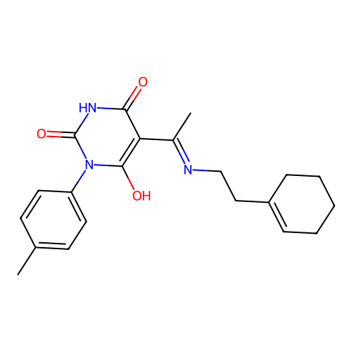 (5E)-5-(1-{[2-(cyclohex-1-en-1-yl)ethyl]amino}ethylidene)-6-hydroxy-3-(4-methylphenyl)pyrimidine-2,4(3H,5H)-dione structure
