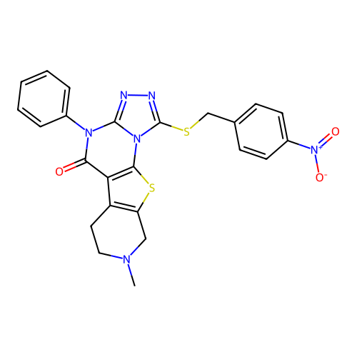 8-methyl-1-((4-nitrobenzyl)thio)-4-phenyl-6,7,8,9-tetrahydropyrido[4',3':4,5]thieno[3,2-e][1,2,4]triazolo[4,3-a]pyrimidin-5(4H)-one structure