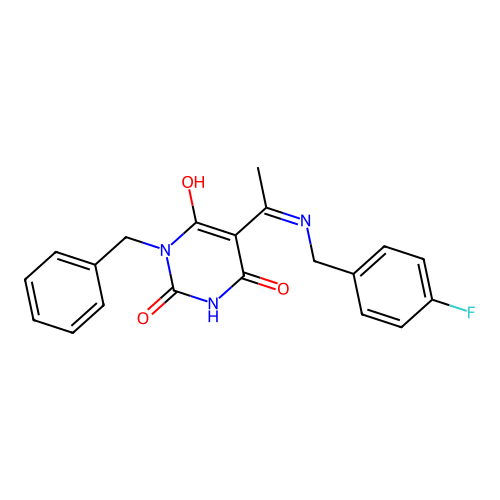 (E)-1-benzyl-5-(1-((4-fluorobenzyl)amino)ethylidene)pyrimidine-2,4,6(1H,3H,5H)-trione structure