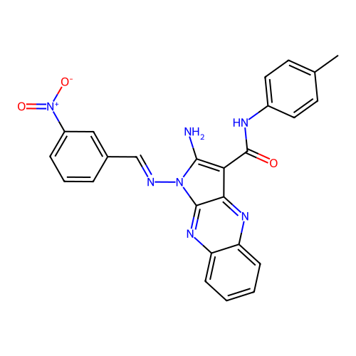 (E)-2-amino-1-((3-nitrobenzylidene)amino)-N-(p-tolyl)-1H-pyrrolo[2,3-b]quinoxaline-3-carboxamide structure