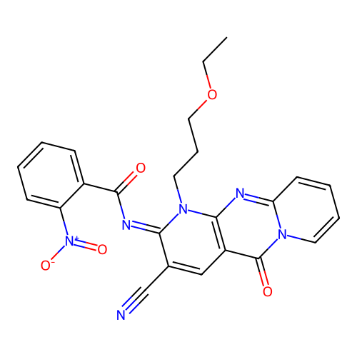 (E)-N-(3-cyano-1-(3-ethoxypropyl)-5-oxo-1H-dipyrido[1,2-a:2',3'-d]pyrimidin-2(5H)-ylidene)-2-nitrobenzamide structure