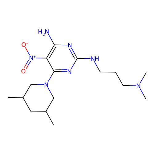 N-(3-dimethylaminopropyl)-6-(3,5-dimethyl-1-piperidyl)-5-nitro-pyrimidine-2,4-diamine structure