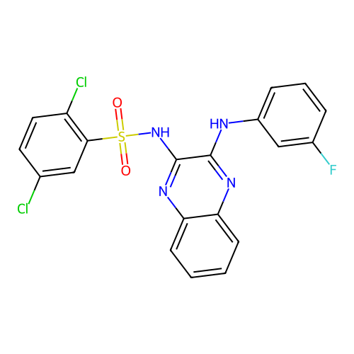 2,5-dichloro-N-(3-((3-fluorophenyl)amino)quinoxalin-2-yl)benzenesulfonamide structure
