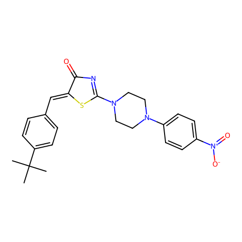 (Z)-5-(4-(tert-butyl)benzylidene)-2-(4-(4-nitrophenyl)piperazin-1-yl)thiazol-4(5H)-one structure
