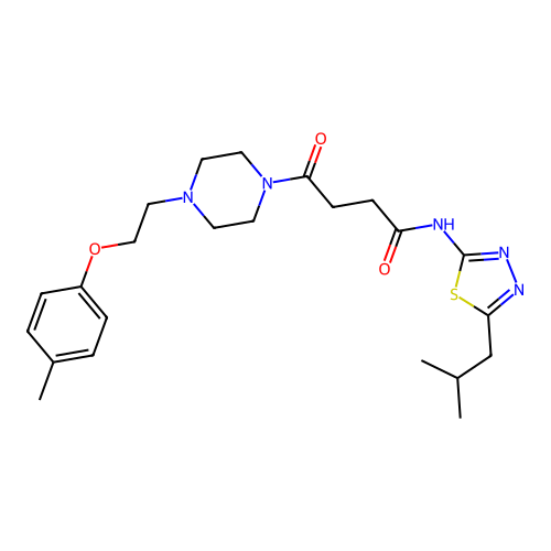 4-[4-[2-(4-methylphenoxy)ethyl]piperazin-1-yl]-N-[5-(2-methylpropyl)-1,3,4-thiadiazol-2-yl]-4-oxobutanamide structure