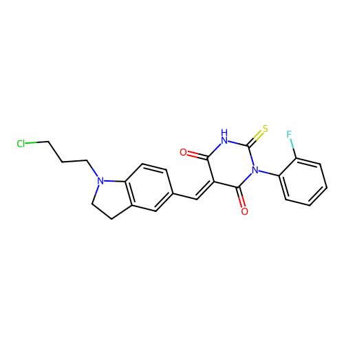 (5E)-5-[[1-(3-chloropropyl)-2,3-dihydroindol-5-yl]methylidene]-1-(2-fluorophenyl)-2-sulfanylidene-1,3-diazinane-4,6-dione structure