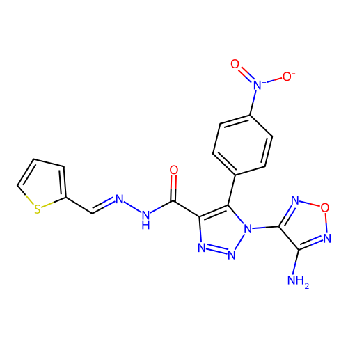 (E)-1-(4-amino-1,2,5-oxadiazol-3-yl)-5-(4-nitrophenyl)-N'-(thiophen-2-ylmethylene)-1H-1,2,3-triazole-4-carbohydrazide structure