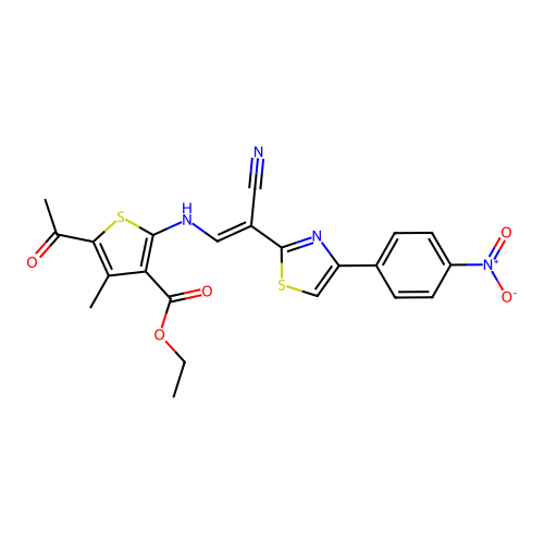 (E)-ethyl 5-acetyl-2-((2-cyano-2-(4-(4-nitrophenyl)thiazol-2-yl)vinyl)amino)-4-methylthiophene-3-carboxylate structure