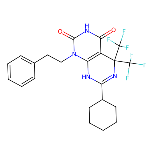 7-cyclohexyl-1-phenethyl-5,5-bis(trifluoromethyl)-8H-pyrimido[4,5-d]pyrimidine-2,4-dione structure