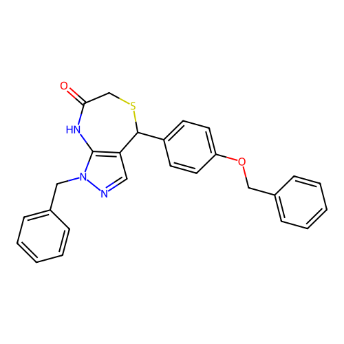 1-benzyl-4-(4-(benzyloxy)phenyl)-6,8-dihydro-1H-pyrazolo[3,4-e][1,4]thiazepin-7(4H)-one structure