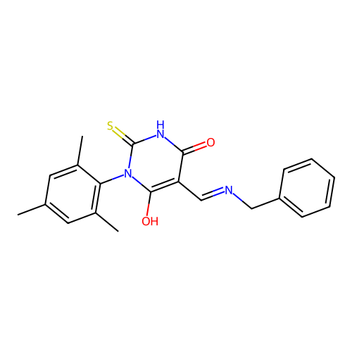 5-[(benzylamino)methylidene]-2-sulfanylidene-1-(2,4,6-trimethylphenyl)-1,3-diazinane-4,6-dione structure