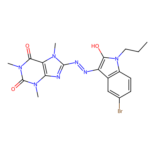 (E)-8-(2-(5-bromo-2-oxo-1-propylindolin-3-ylidene)hydrazinyl)-1,3,7-trimethyl-1H-purine-2,6(3H,7H)-dione structure