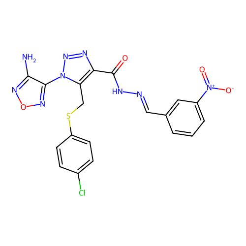 (E)-1-(4-amino-1,2,5-oxadiazol-3-yl)-5-(((4-chlorophenyl)thio)methyl)-N'-(3-nitrobenzylidene)-1H-1,2,3-triazole-4-carbohydrazide structure