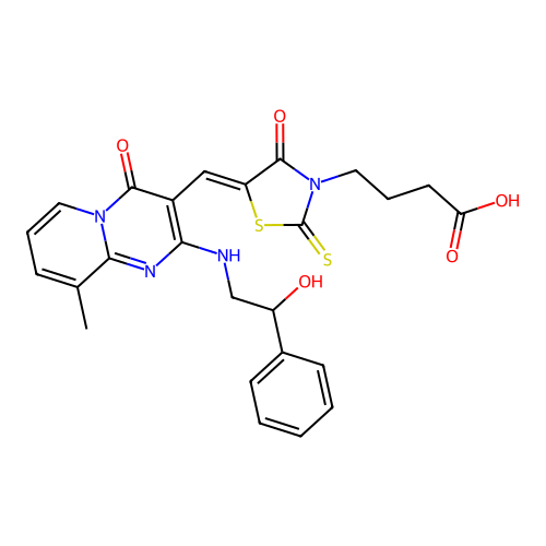 4-[(5Z)-5-({2-[(2-hydroxy-2-phenylethyl)amino]-9-methyl-4-oxo-4H-pyrido[1,2-a]pyrimidin-3-yl}methylidene)-4-oxo-2-thioxo-1,3-thiazolidin-3-yl]butanoic acid structure